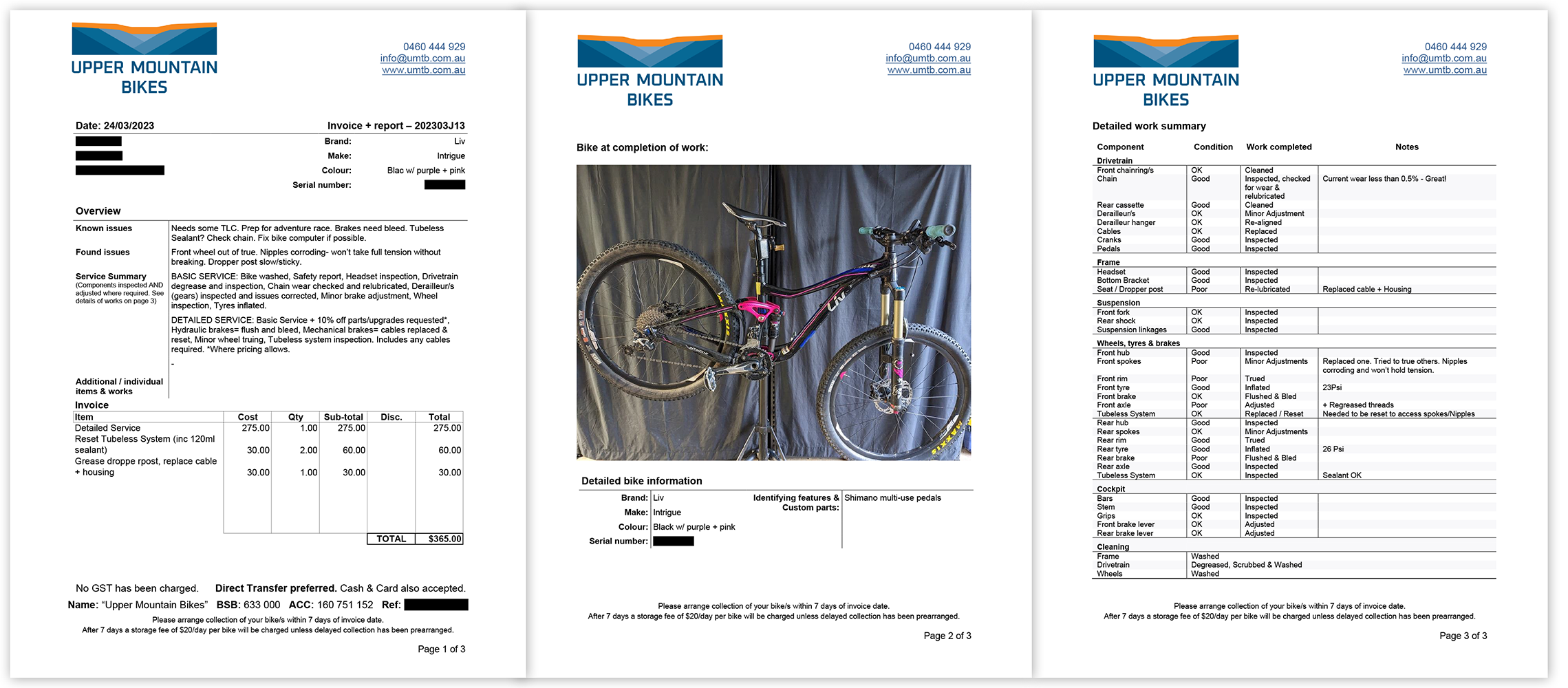 Invoice & Report Sample Comprehensive Bike Services - Invoice & Report Sample